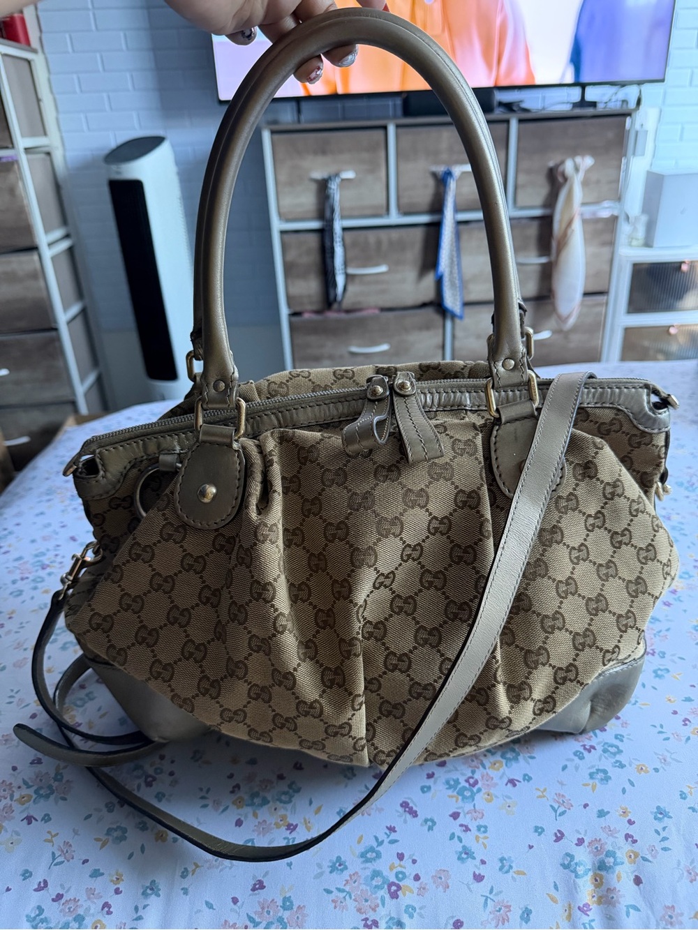 Gucci Beige/Brown GG Monogram Satchel with Leather Trim